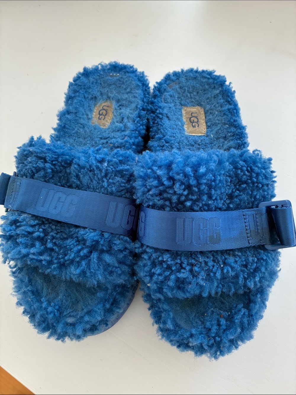 UGG  Royal Blue Fluff Slide with Branded Strap